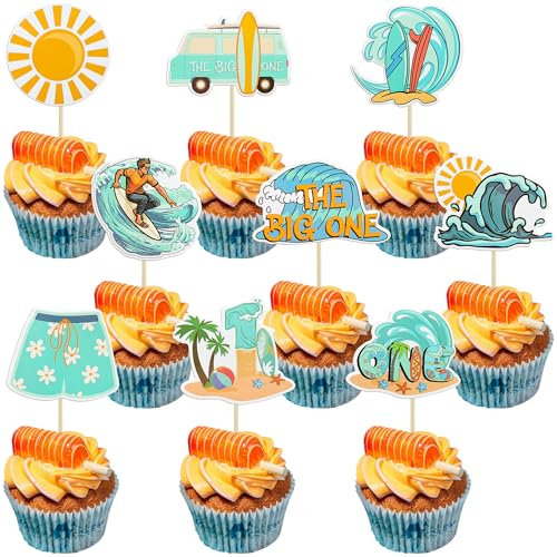Gyufise 36Pcs Surfing Cupcake Toppers The Big One Surf Birthday Cupcake Toppers Surfing 1st Birthday Decorations Surfboard Cupcake Picks for Summer Hawaii Holiday Baby First Supplies
