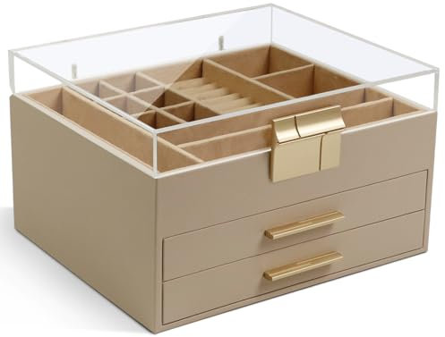KAMIER Schmuckkästchen mit 3 Ebenen, Schmuckkasten Großes Hochwertiges, 2 Schubladen Schmuckbox mit Acrylabdeckung Transparenten, Schmuckaufbewahrung für Ketten, Ohrringe, Uhren, Armbänder (Beige)