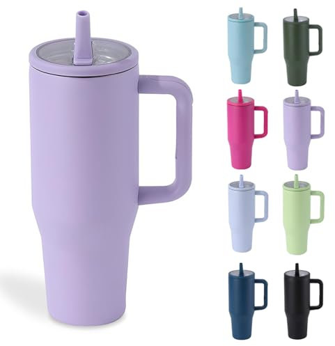 Moollyfox 1200ml/40oz Isolierbecher Auslaufsicher Edelstahl Doppelwandig Autobecher mit Strohhalm Kaffeetasse Kühlbecher Reisebecher mit Griff & Auslaufsicherer Deckel Lila