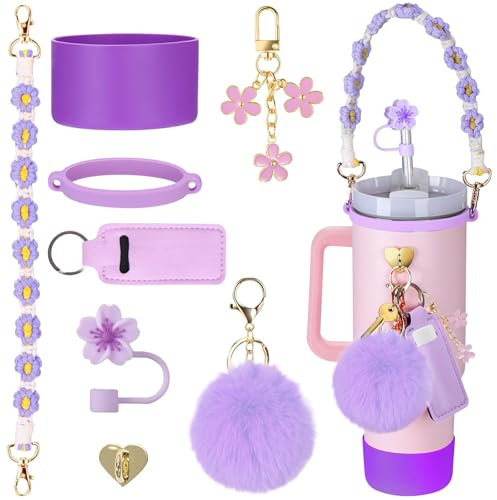 Vinuwu 8 Pcs Purple Silicone Accessories for Stanley 30/40oz Tumbler: Water Bottle Handle Strap, Protective Cup Boot, Silicone Straw Cover, Charms
