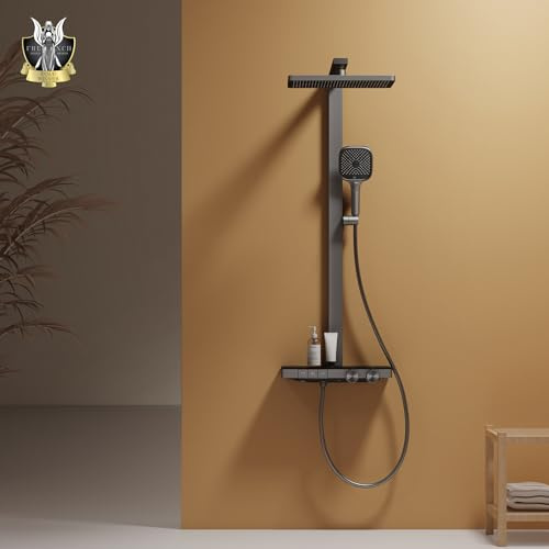 EMKE Regendusche mit Thermostat 36x24cm, 3 Strahlarten, Anthrazit Matt | Wassermenge einstellbar, 40cm Ablage, Handbrause 4 Strahlarten, Handbrause höhenverstellbar, Duschsystem für Badezimmer