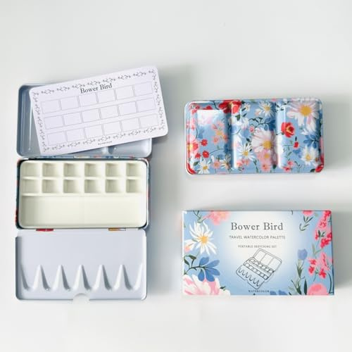 Bower Bird Reise-Aquarellpalette, tragbare Keramik-Palette mit 16 Mulden, leere, kleiner Reise-Metallfarbkasten mit Porzellan-Palette (12 Mulden)