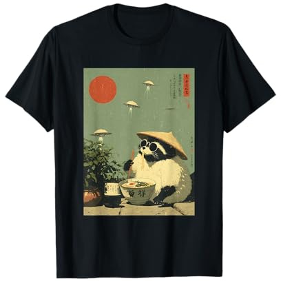 Lustige Vintage Japanische Waschbär Ramen UFO Alien Space Nudeln T-Shirt