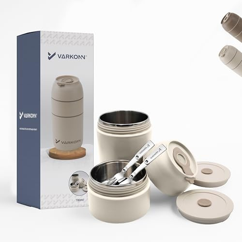 Varkonn® Thermobehälter für Essen 780 ml, faltbare Edelstahl Besteck, Für Kinder & Erwachsene, BPA frei, 100% auslaufsicher, doppeltes Kammer-System, für Outdoor & Inndoor, spülmaschinengeeignet