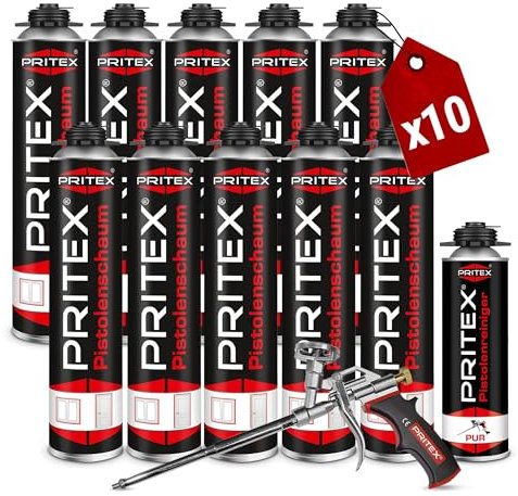 PRITEX – Bauschaum Set 10 x 750 ml Pistolenschaum inkl. Pistolenreiniger 500 ml und Schaumpistole – Montageschaum zum Verfüllen, Dämmen & Abdichten