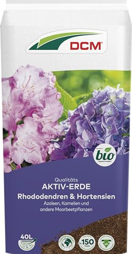 DCM AKTIV Erde Rhododendren & Hortensien - Spezialerde - für Moorbeetpflanzen & säureliebende Pflanzen - Mit organischem Dünger - Mit Mykorrhiza-Pilzen - Torfreduzierte Pflanzenerde - Bio - 60 L