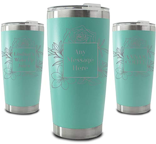 Personalisierter, gravierter 500-ml-Reisebecher in Mint mit quadratischem Blumenmuster, personalisierbar mit einer beliebigen Nachricht oder einem Namen, inklusive Geschenkbox, lasergraviert