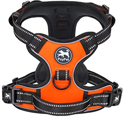 PoyPet No Pull Hundegeschirr, reflektierendes Westengeschirr mit 2 Leinenbefestigungen und einfachem Steuergriff für kleine mittelgroße Hunde (Orange,L)