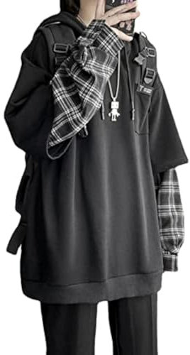 YUESUO Emo Streetwear Vintage Hoodie Damen Herren Oversized Sweatshirt Punk Patchwork Pullover Grunge Plaid Hoodie Kleidung, Schwarz, XXL