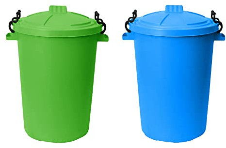 [Set of 2] - Large 50 Litre Sky Blue and Lime Green Heavy Duty Plastic Clip Lock Lid Bin Indoor or Outdoor Bin, Trash Can Waste Dustbin or Storage Of Animal Feed, Colourful Bins - Made in U.K.