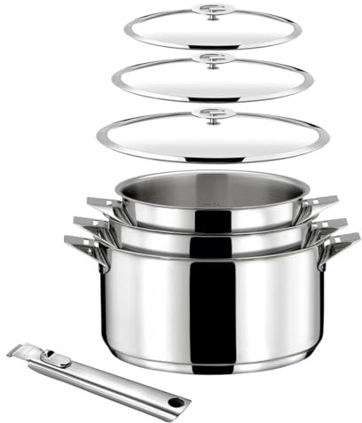 CUISINOX - Eclipse - Lot 7 pièces - Casseroles 16, 18, 20 cm (1.5L, 2L, 3L), 3 couvercles et poignée amovible - Fond encapsulé - Compatible tous feux - Acier Inoxydable 18/10 - Finition miroir