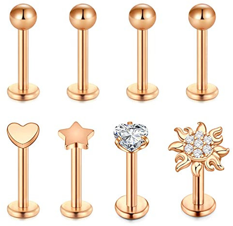 Mayhoop Lippenpiercing Labret Stud 16G 8mm Edelstahl Lippenstecker Tragus Helix Piercing Monroe Medusa Piercing Schmuck für Damen Herren Rosegold 8St