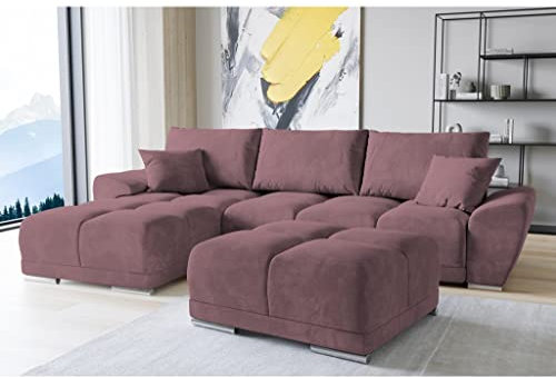 ML Furniture Ltd Set Velvet Ecksofa in L-Form 289 x 189 cm + Polsterhocker, Sofa mit Schlaffunktion, Fußhocker, Schlafsofa mit Bettkasten, Sitzpouf Farbe: Pflaume