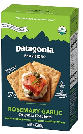 Patagonia Provisions Organic Rosemary Garlic Crackers – 3g Plant Protein Per Serving – Made with Wheat Flour & Sea Salt – Non-GMO, No Added Sugar - Crispy & Crunchy