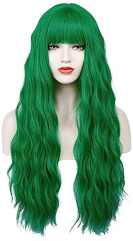TOMIGO Damen Lange Grün Gewellt Perücke Mit Knall - Synthetisch Halloween St Patricks Day Cosplay Kostüm Perücke