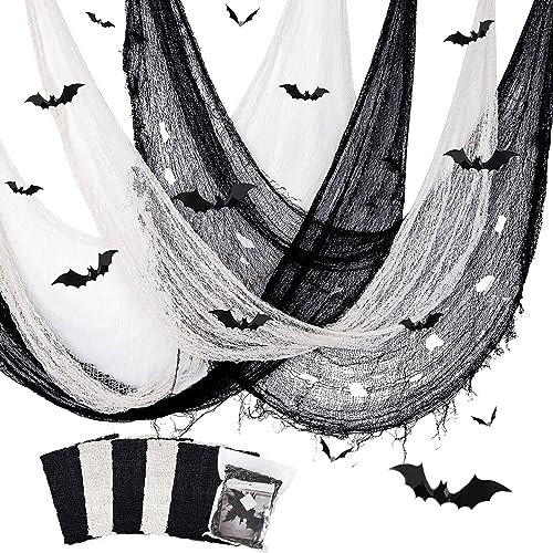 YuSaug Halloween Deko Stoff, 5 Stücke Gruselige Stoff 183 * 76CM mit 12 Fledermaus Aufkleber, Gruseltuch Halloween Party Spukhaus Gruselige Dekoration (3 Schwarz + 2 Weiß)