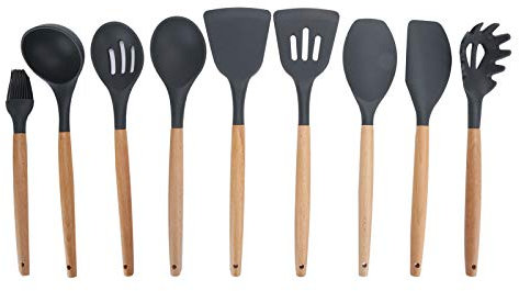 Otufan Kit De 9 Ustensiles De Cuisine en Silicone, Ustensiles De Cuisine Antiadhésifs Gris-Noir Résistants à la Chaleur avec Manche en Bois Outil De Cuisson pour la Maison Barkey