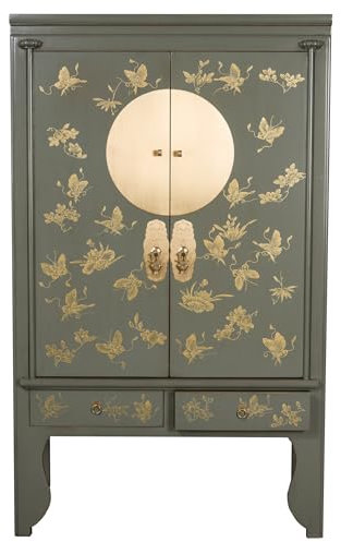 Fine Asianliving Chinesischer Hochzeitsschrank Olive Grau Handbemalt - Orientique Kollektion B105xT55xH175cm China Chinesischer Schrank Chinesischer Hochzeitsschrank Orientalische Möbel Asiatische