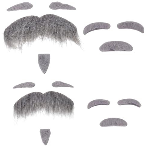 WEBEEDY 4 Sets Gesichtshaar-Kostüm Für Alte Männer Zum Aufkleben, Künstliche Schnurrbärte Und Augenbrauen Für Erwachsene, Kostüm, Party, Halloween, Weihnachten, Grau