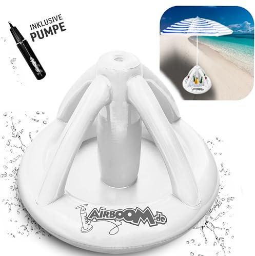 Airboom - Paragüero hinchable para sombrillas de playa, enfriador de bebidas, soporte para sombrilla, playa, camping, protección solar (blanco)