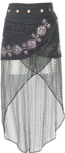 GURU SHOP Psytrance Goa Pixi Lagenrock, Wickelrock mit Spitze - Schwarz, Damen, Baumwolle