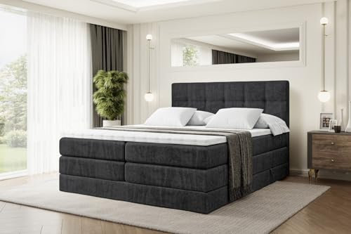 ALTDECOR Boxspringbett mit Matratze und Lattenrost, Topper, Polsterbett mit Bettkasten, Bett mit Stauraum H3- und H4- Matratze, Doppelbett, Springboxbett - Marce King - 200x200 - Schwarz Samt