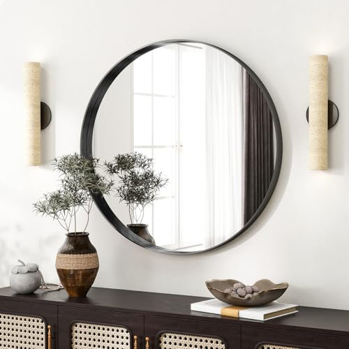 Koonmi Luxuriöse Spiegel Rund 61 cm, Schwarz Tiefer Rahmen Runder Badspiegel, Wandspiegel Rund mit Schwarz gebürstetes Metall Rahmen für Badezimmer, Wohnzimmer, Eingang Wanddekoration