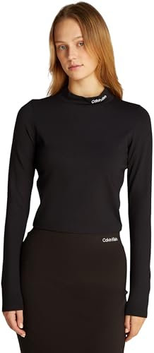 Calvin Klein Women’s Elastic Milano Logo Mock Neck Long Sleeve Top, Black (Ck Black), L