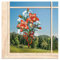 Kleines Luftspitze Fensterbild Lilienstrauß mit Vögelchen aus Vögtländischer Spitze | Fensterschmuck und Dekoration in orange-rot | BxH 15 x 24 cm