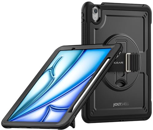 TECHGEAR JOLT-SHELL Coque pour Apple iPad Air 11 (M3 2025 / M2 2024) coque fine, robuste et résistante aux chocs avec support rotatif à 360° et dragonne – Noir