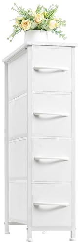 Somdot Slim Chest of Drawers with 4 Fabric Drawers, Narrow Dresser Storage Organiser for Bedroom Living Room Bathroom Closet Nursery Entryway Hallway, White Leather