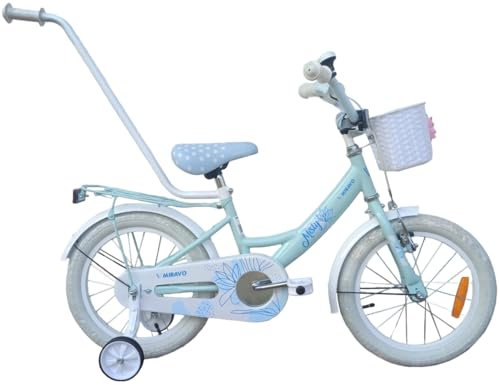 MIRAVO Kinderfahrrad Fahrrad Kinder Ab 3 Bis 6 Jahre Mit Stützrädern Schubstange V-Brake Bremsen Rückstrahl Aufkleber 16 Zoll Radgröße Korb Für Mädchen Misty Blau