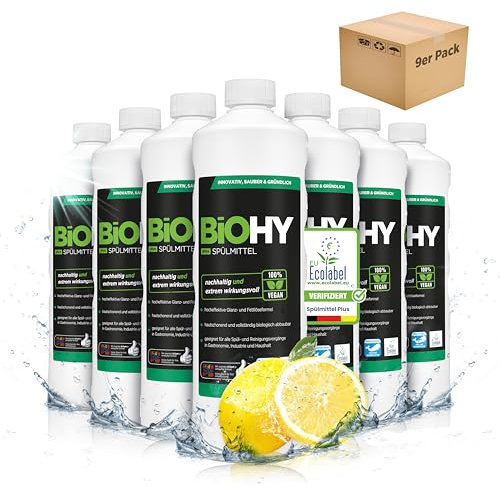 BiOHY Detersivo Plus (9 x 1 litro) | Concentrato liquido biologico per stoviglie con EU Ecolabel | Sgrassatore extra potente | ideale per dispenser di detersivi | ecologico e biodegradabile