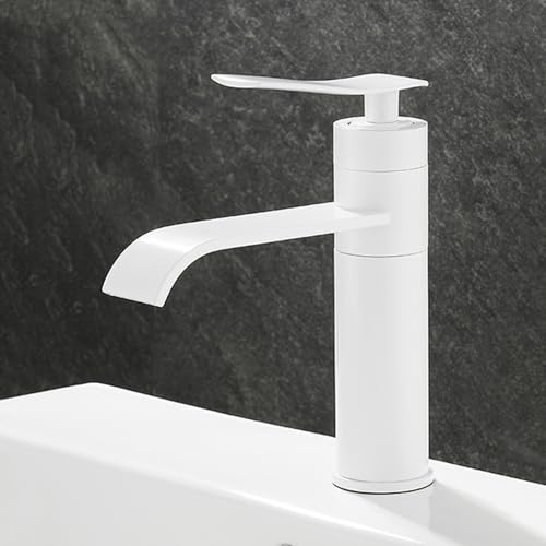 Robinet de Salle de Bains Mitigeur de Lavabo Robinetterie de Salle de Bain à Cascade Mitigeur à Bec Cascade Blanc Levier Unique 1 Trou Bas Robinets de Lavabo