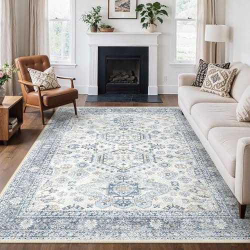 GENIMO Orientalisch Vintage Teppich Hellblau Waschbar 160x230 cm | Helles orientalisches Medaillonmuster in Hellblau, waschbar, pflegeleicht und rutschhemmend – für Sofa- und Bettbereich.