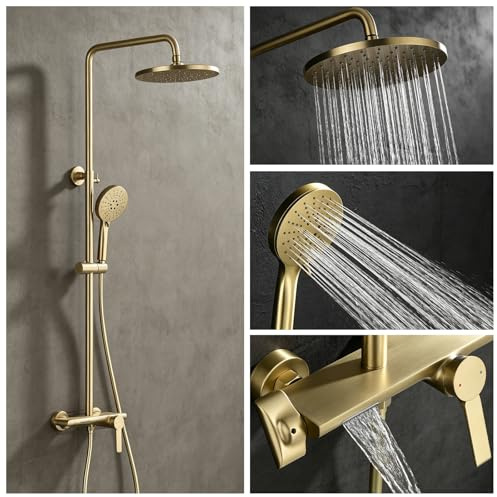 GLYYR Regendusche mit Armatur Duschset aus Messing Duschsystem Gold | Duschgarnitur mit Regendusche, 3-Funktion Handbrause Anhebbarer Brausestange Duscharmatur Gold Komplettset Duschamaturenset