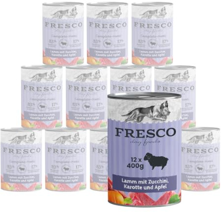 FRESCO Dog NassBarf Lamm 12 x 400g | mit Zucchini, Karotte & Apfel | Hypoallergenes Hundefutter Nass getreidefrei | Mono-Protein & 83% Frischfleisch | Nassfutter für Hunde ohne Zusätze