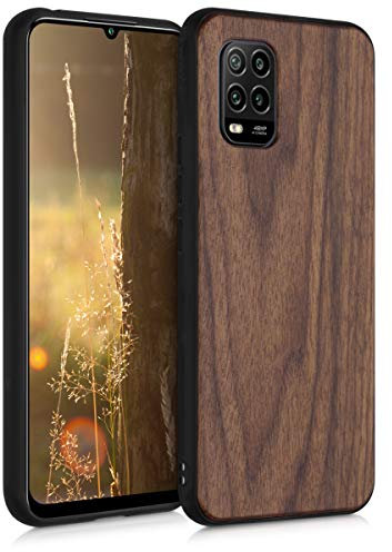 kwmobile Custodia Compatibile con Xiaomi Mi 10 Lite (5G) Cover - Protezione in Legno per Smartphone - Back Case con Bumper in Silicone TPU - Marrone Scuro