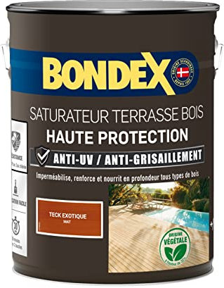 BONDEX - Saturateur Terrasse Bois Intérieur & Extérieur - Idéale pour Rénover, Décorer et Protéger - À Base d'Eau - Haute Protection - Anti-UV, Anti-Grisaillement - Mat - 5L - Teck