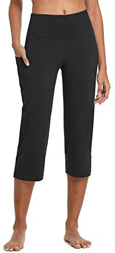 baleaf Yogahose Damen 3/4 Casual Freizeithose Jogginghose gerades Bein High Waist Traininghose Arbeitshose mit Taschen Bauchkontrolle für Fitness Workout Training Freizeit Schwarz L