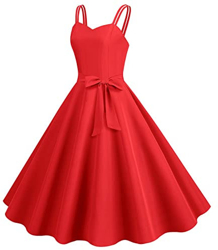 AMDOLE Women's Summer Casual Sleeveless 1950s Housewife Evening Party Prom Dress with Shorts Underneath Red