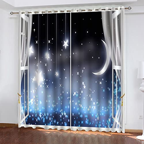 100% Blickdichte Gardinen Wohnzimmer - 2Er Set Ösenvorhang Für Schlafzimmer Kinderzimmer Küchen Fensterdekoration H 165 X B 200 cm 3D Fenster Sterne Mond Muster Thermovorhänge Verdunkelung