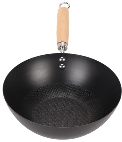 Kuuleyn Carbon Steel Wok Stir-Fry Pans Set with Lid Chinese Wok Even Heating Thick Coated Multifunctional Iron Pot with Convenient Handle for Daily Home Cooking (20cm)