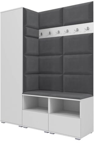 RAVIO Garderoben-Set NELA II mit Zwei Schuhschränke, 150cm Flurgarderobe mit Wandpaneele, Inklusive Montagekleber, Praktischer Wandgarderobe (Weiß + Dunkelgrau (Trinity 15))