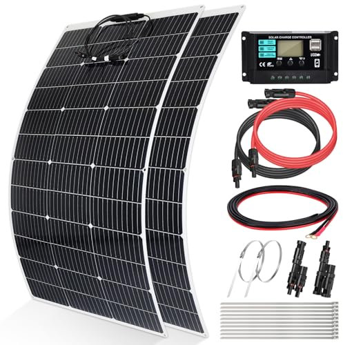 【240W Flexible Solar Panel 12V Kit】KOLLNIUN 2 Pcs 120W Flexible Mono Solar Panel+30A Solar Charger Controller+T Branch Connector+Solar Cable+Metal Cable Tie, PV Solar Module for Balcony RV Boat Camper