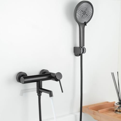 SHANFO Rubinetto per Vasca, Miscelatore Vasca da Bagno con Doccetta, Regolabile Supporto e Tubo Doccia 150cm, Nero, 15Y3OK