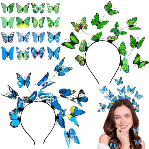 NINGYER 2 Stück Haarreif Schmetterling, Innendurchmesser 11 cm, Blau, Grün | Mit 16 Haarschmuck Schmetterling, Haarreifen Schmetterling für Partys, Hochzeiten, Frauen Rollenspiele