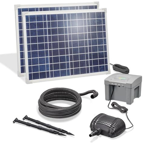 Solar Bachlaufpumpenset 100/1900 mit Filterpumpe, Komplettset, Akkubox 24Ah LiFePo4 Akku, 2x Solarmodul 50Wp, Bachlaufpumpe 1900l/h, Teichpumpe, Solarbrunnen für draussen, Wasserspiel, 101944