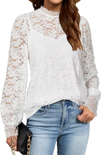 LAISHEN Womens Long Sleeve Tops with Cami Mock Neck Lace Blouse 2 Piecs Set | Blouses for Women UK,Going Out Tops for Women UK,Casual Dressy Blouse,Sheer Lace Blouse with Cami,