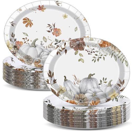 Pajean 50 Pcs Fall Paper Plates Bulk Thanksgiving Oval Dinner Plates 10 X 12 Large Watercolor Autumn Leaves Pumpkin Disposable Tableware for Turkey Harvest Holiday Party Supplies